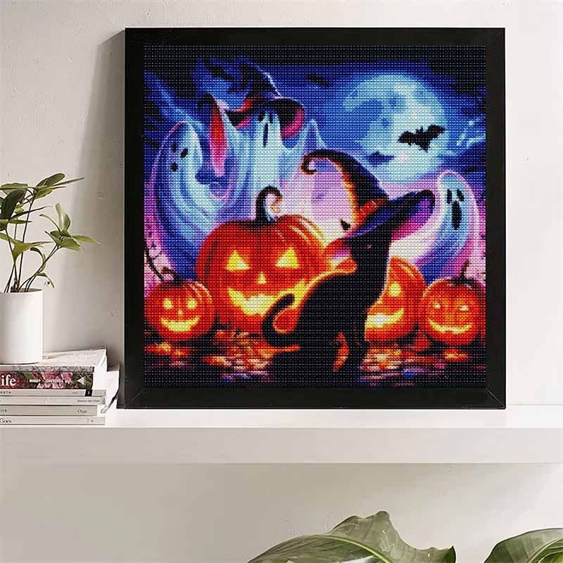 DIY Diamond Art Painting Kit Halloween Witch Pumpkins Pattern Full Drill Canvas Creative Handmade Craft Gift for Adults Decor Home