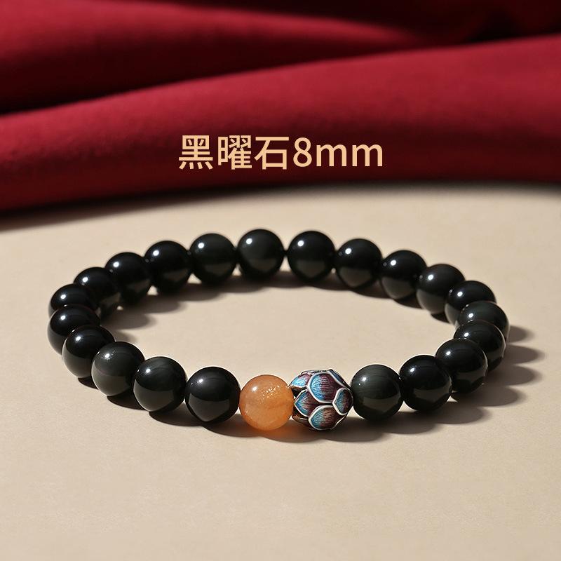 

Obsidian Cloisonné Meditation Lotus Bracelet for Men and Women, Buddhist Bead Single-Loop Couple s Bracelet Obsidian8mm