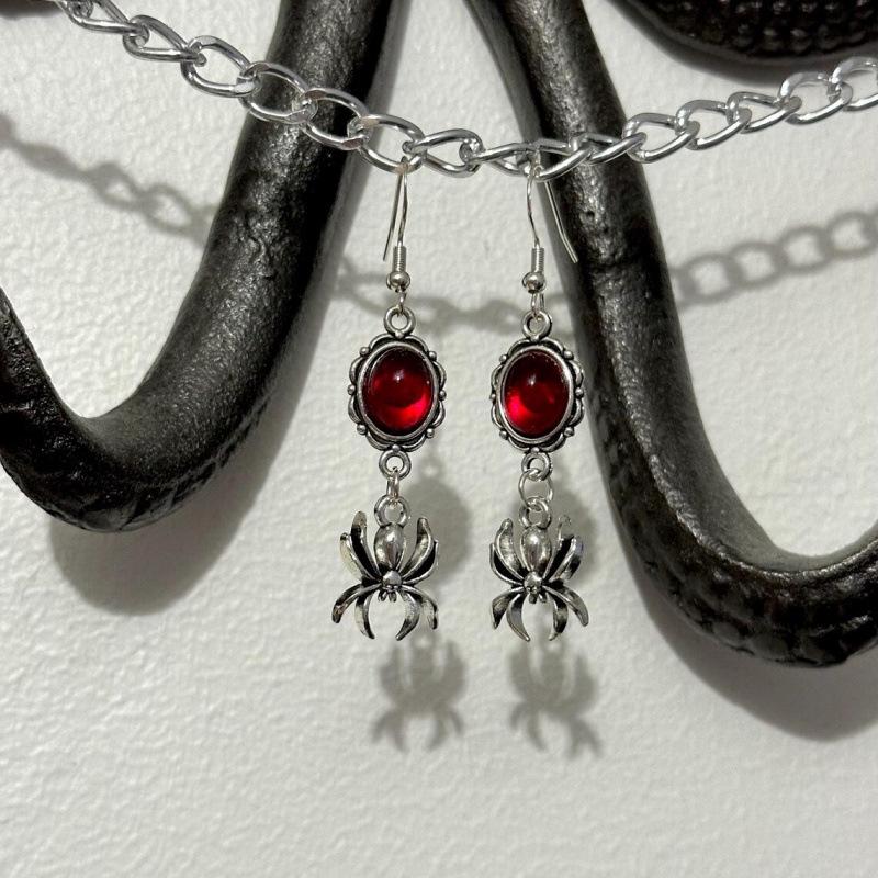 Gothic Punk Red Crystal Spider Earrings for Fun Parties