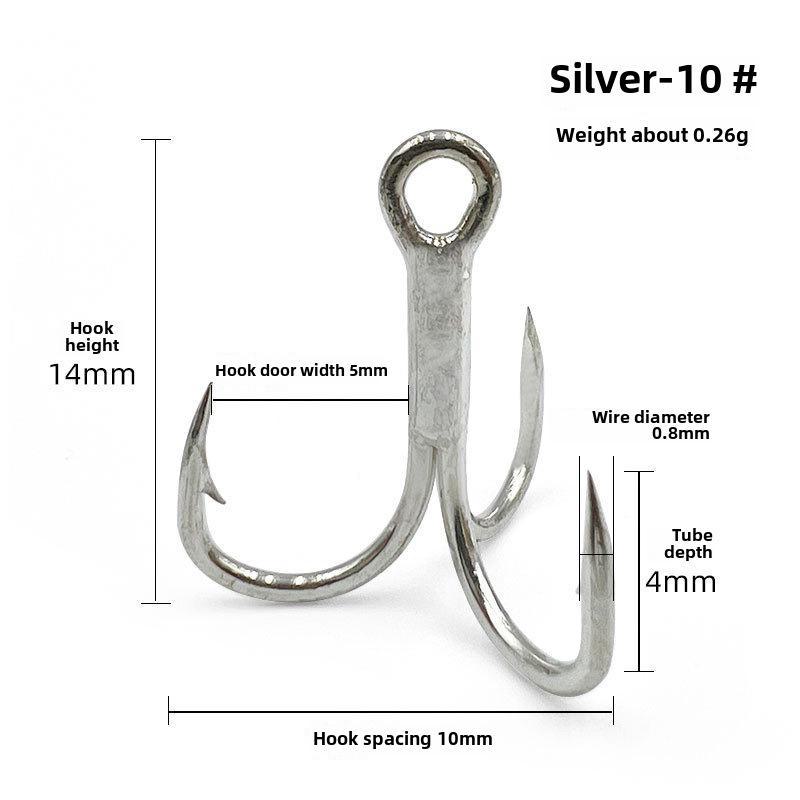 

3 высокопрочных тройных рыболовных крючка Blood Groove с бородками, усиленная конструкция из высокоуглеродистой стали. 10# серебряный