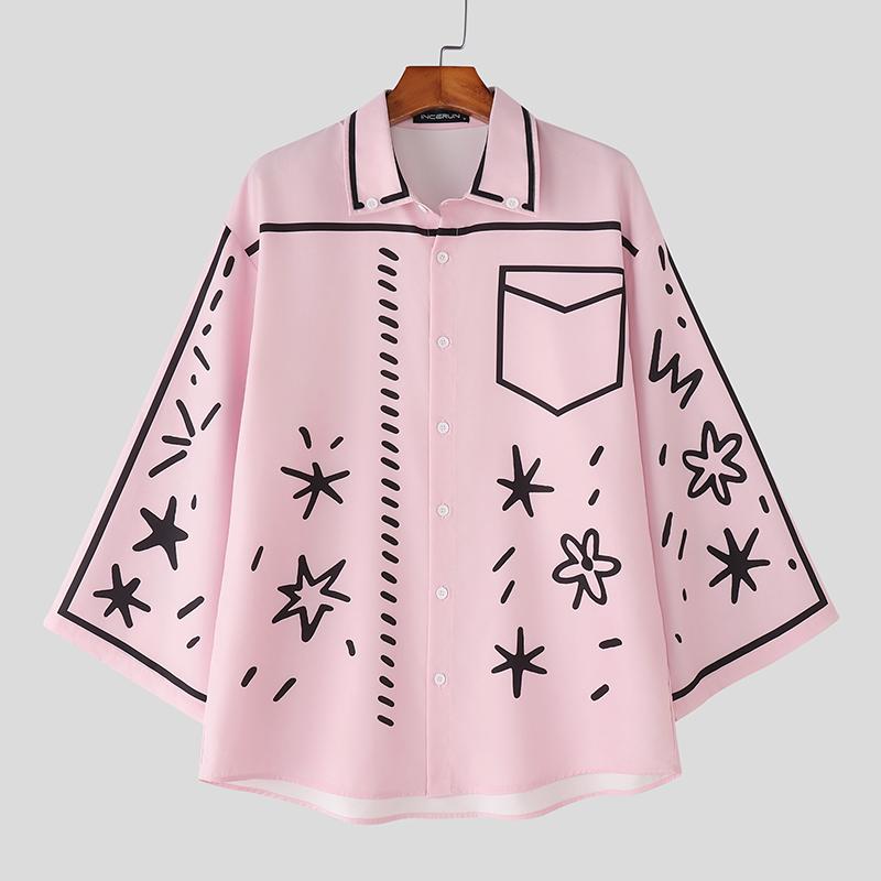 INCERUN Oversized Summer Men Lapel Neck 3/4 Sleeve Cartoon Print Casual Loose Shirts