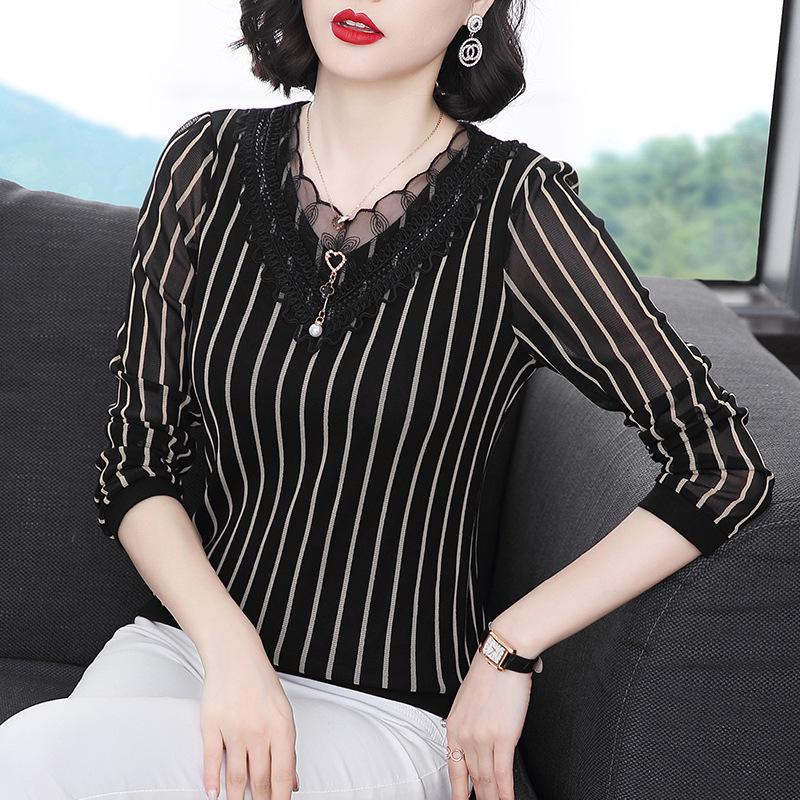 

Осенняя женская кружевная рубашка с длинными рукавами из бархата 2023 года — элегантный топ для женщин среднего возраста 4XL