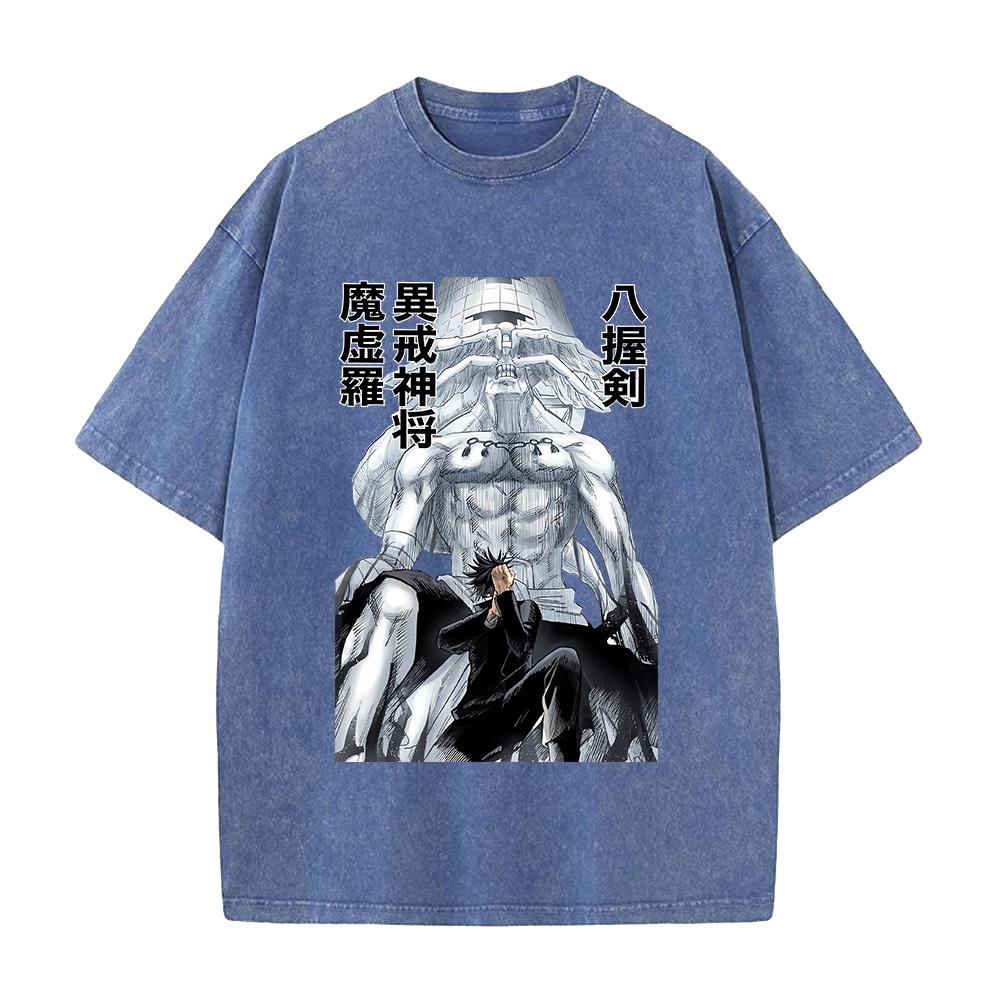 Anime Jujutsu Kaisen Fushiguro Megumi Makora Print T-shirt Men Women Tshirts Cotton Clothing Retro Washed T Shirt Harajuku Tops