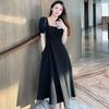 Gentle Wind French Retro Hepburn Style Long Dress Showing Thin Temperament Waist Square Neck Bubble Sleeve Dress Women's Summer