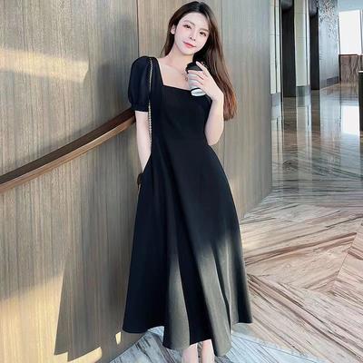 Gentle Wind French Retro Hepburn Style Long Dress Showing Thin Temperament Waist Square Neck Bubble Sleeve Dress Women's Summer