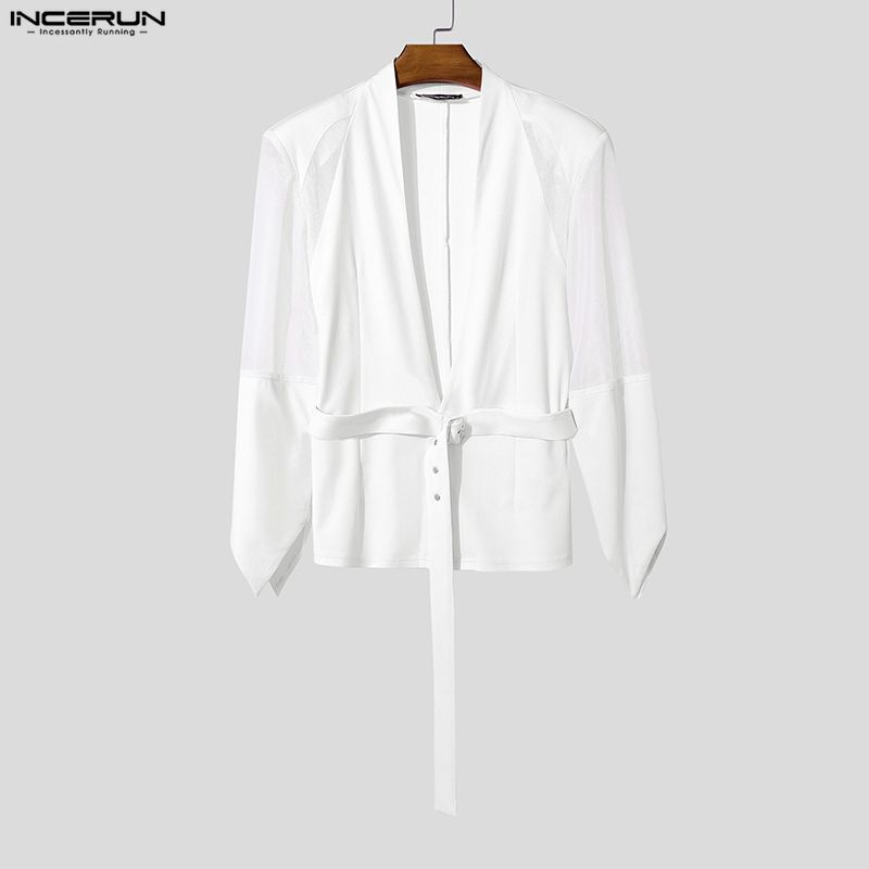 INCERUN Men Long Sleeve Patchwork See Through Mesh Bandage Waist Party Tops Shirts