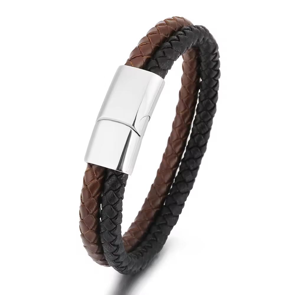 Hot Sale Spot Fashion Double Layer Multicolor Leather Stainless Steel Bracelet For Men