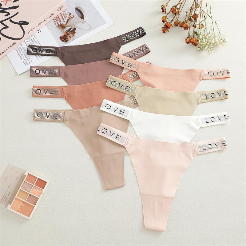 FINETOO 3Pcs Seamless Ice Silk Underwear for Women Sexy Rhinestone Letter Thongs Female Low Waist Panties Soft Stretchy Lingerie