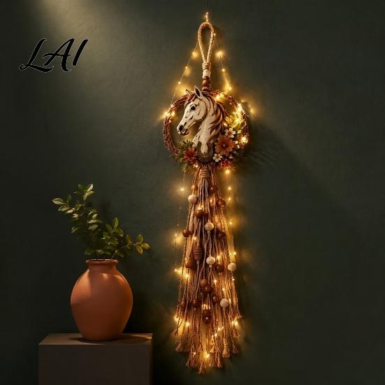 Unique Horse Head Craft Gift Farmhouse Wall Decor Boho Hanging Ornament with Wood Beads Natural Flax Rope Art Tassels Rustic for Living Room