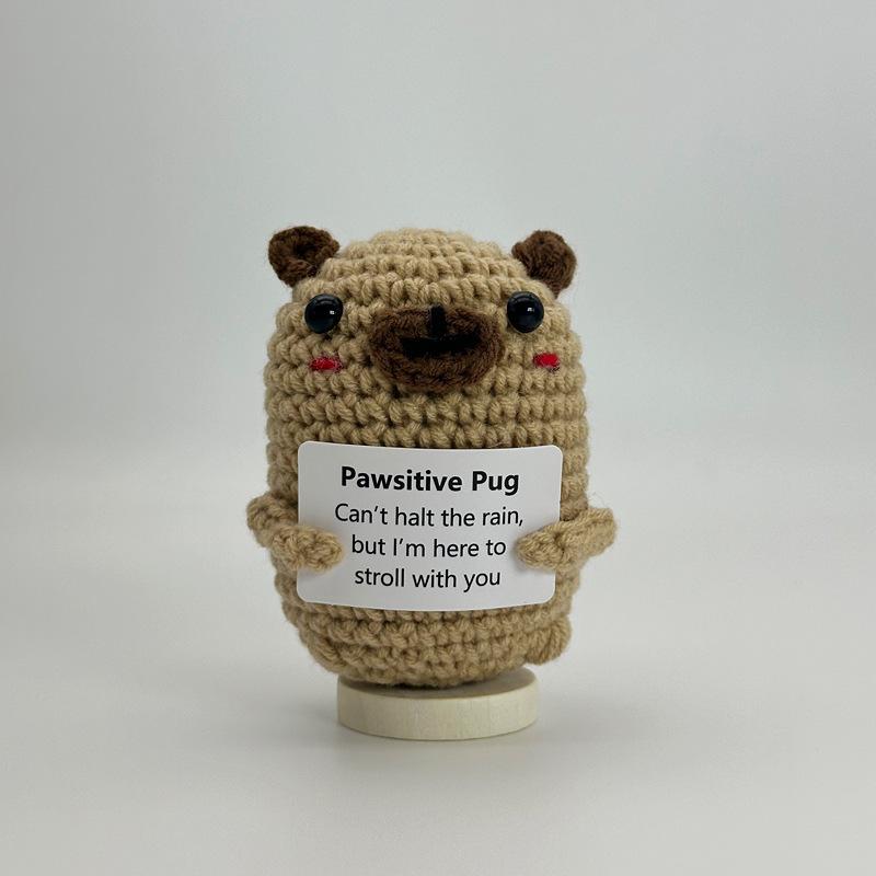 Funny Positive Crochet Cow Doll Desktop Ornament Handmade Cheer Emotional Support Positive Cow with Card Home Party Decoration