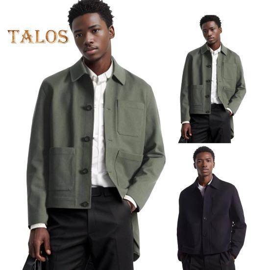 Men Jacket Lapel Long Sleeve Single Breasted Middle-aged Coat with Patch Pocket Solid Color Casual Jacket Outwear