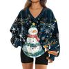 Women's Fashionable V-neck Christmas Printed Long Sleeved Casual Pullover Plush Warm Sweatshirt Top
