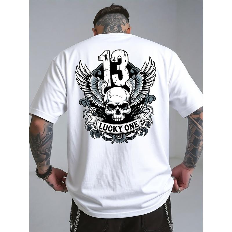 Luck One 13 Ανδρικό Κοντομάνικο T-Shirt με Γραφικό Σχέδιο στην Πλάτη - Ζωντανό Κίτρινο με Έντονο 13, Σχέδιο με Φτερά και Κρανίο, Διαπνέον, Στρογγυλή Λαιμόκοψη, Casual, Καλοκαιρινό
