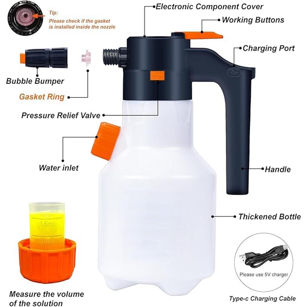 Electric Foam Sprayer with USB Charge, 2L Pressurized Sprayer for Home, Garden and Car Beauty and Cleaning