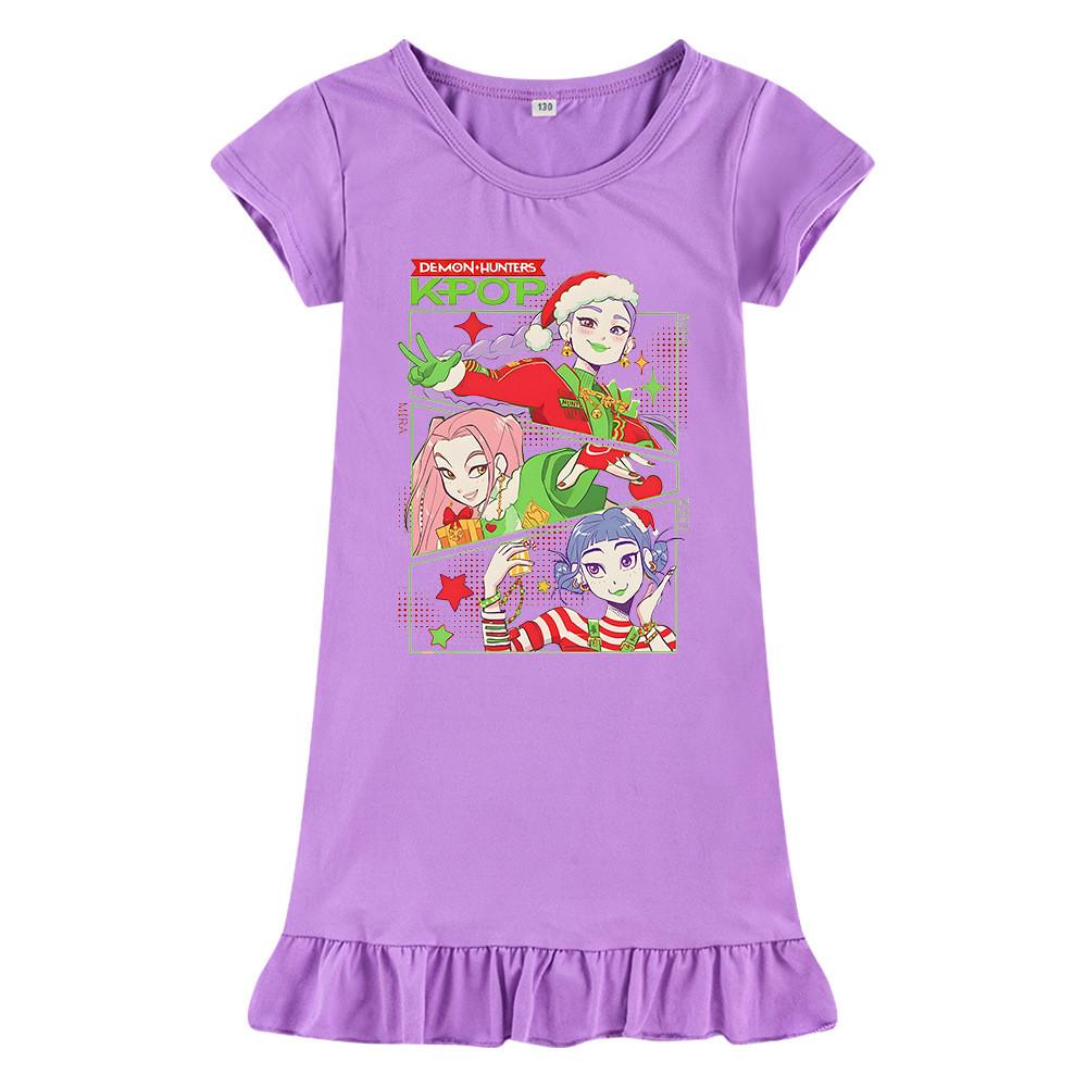 M1263 Kids Girls Christmas New Year Kpop Rumi Zoey Mira Print Short Sleeves Ruffle Dress