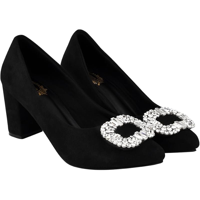 Shoetopia Rhinestone Buckle Detailed Black Pumps For Women & Girls-Eu40
