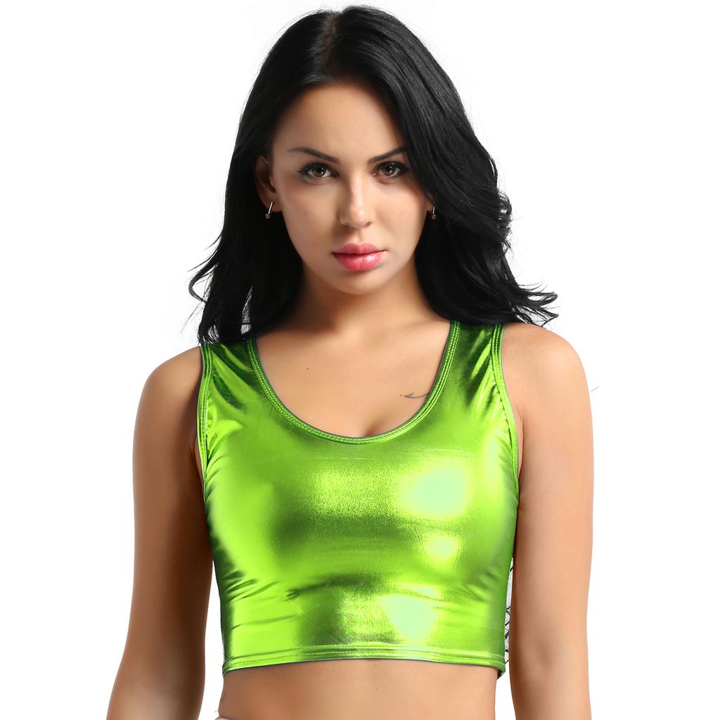 Crop top fără mâneci metalic strălucitor pentru damă, tricou pentru dans disco, bluză, vestă, îmbrăcăminte de club