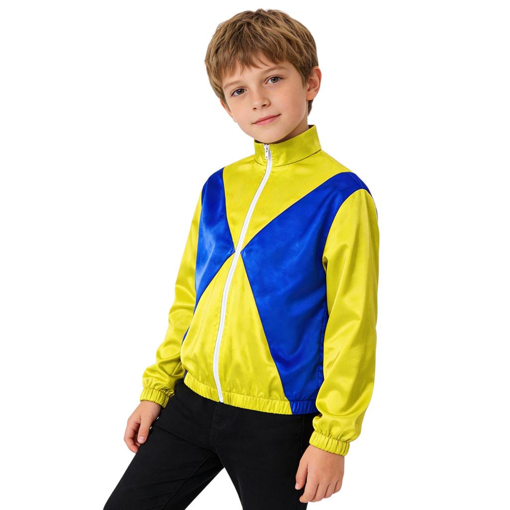 Kids Horse Rider Costume Color Block Mock Neck Zip Up Top Equestrian Training Competition Long Sleeve Outwear