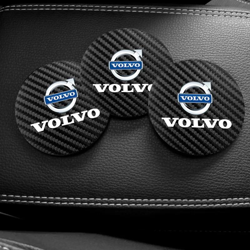 2Pcs Car Carbon Leather Water Cup Pad Anti-noise Coaster Mat For Volvo XC90 V90 V60 XC60 V40 S80 S60 S90 C40 XC40 V70 XC70 C30