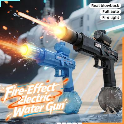 Full Auto Electric Water Gun Flame Light Effect Real Blowback High Pressure Large Drum Summer Pool Beach Water Blaster Toy Gift