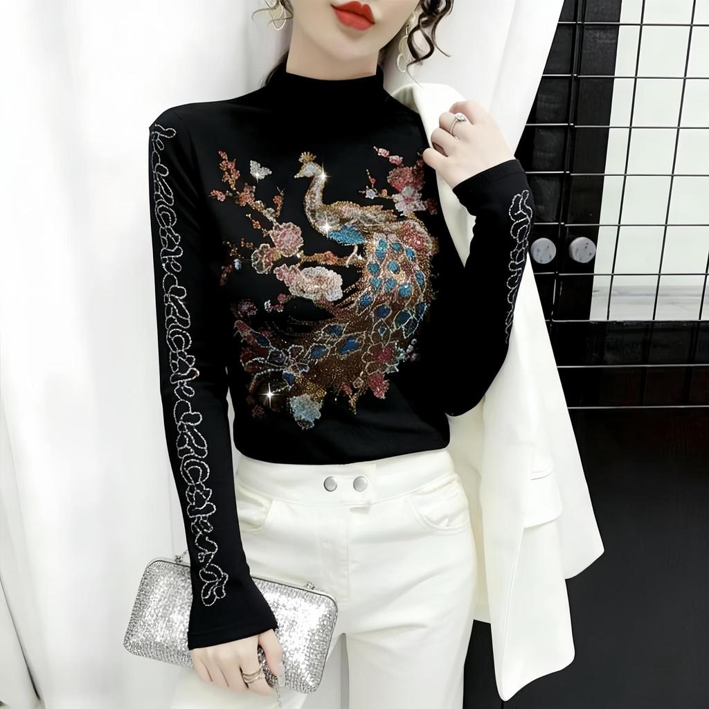 De Rong Women's Autumn/Winter Semi-High Neck Rhinestone Long-Sleeve T-Shirt