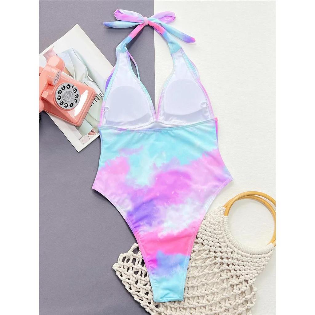 New Sexy Tie Dye V Neck Halter Women Swimwear One Piece Swimsuit Female Monokini High Leg Cut Bather Bathing Suit Swim