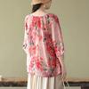 Summer Shirt Vintage Floral Print Tops Women V Neck Leisure Chic Loose Blouses Cotton Linen Thin Half Sleeve Shirts Lady
