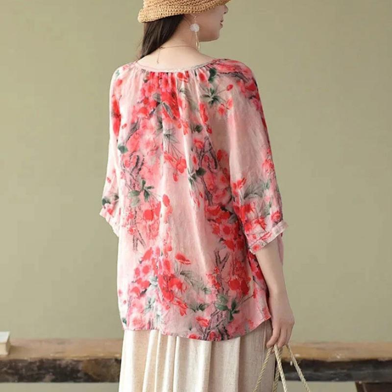 Summer Shirt Vintage Floral Print Tops Women V Neck Leisure Chic Loose Blouses Cotton Linen Thin Half Sleeve Shirts Lady