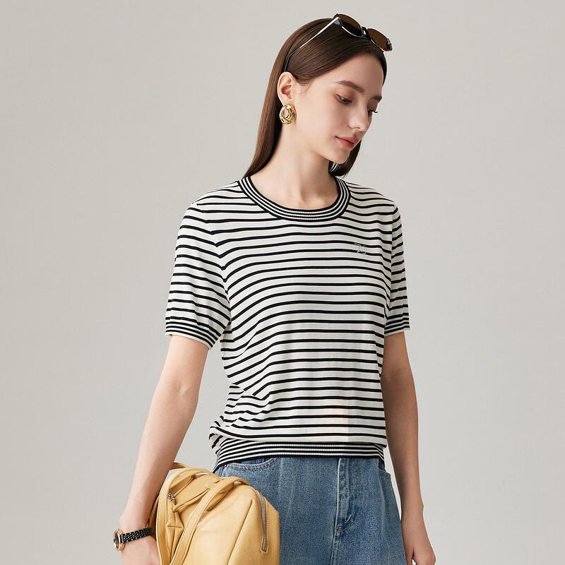 Zhaojun Women's Lightweight Color Block Stripe Knit Short Sleeve T-Shirt