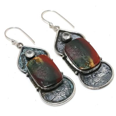 Natural Bloodstone, White Topaz Gemstone 925 Sterling Silver Earring 2.60" h7K75