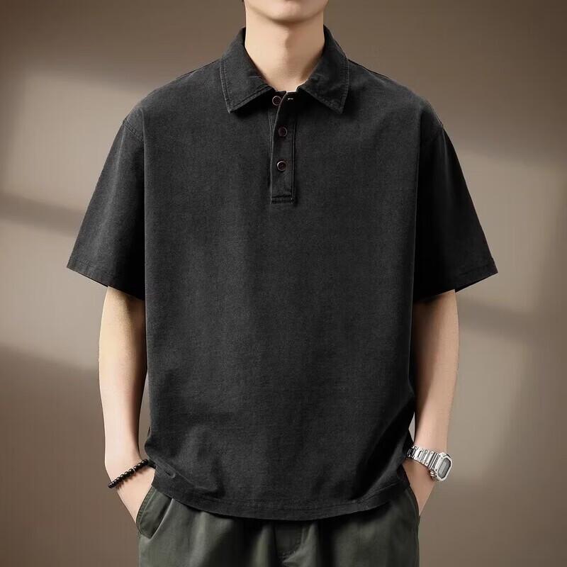 Men's American Style Textured Denim-Look Short Sleeve Polo Shirt