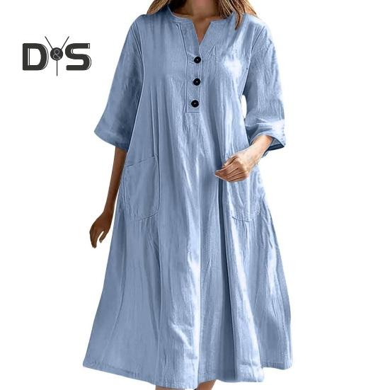 Summer Spring Dress with Pockets Buttoned V Neck Pleated Loose A-line Hem Half Sleeves Solid Color Midi Dress for Daily Wear Party Dating