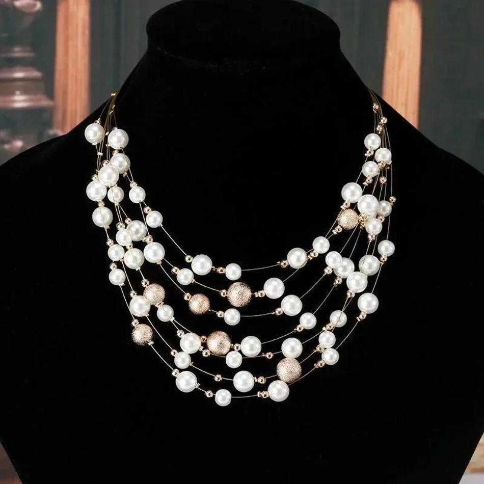 Imitatie Parel Kettingen Voor Vrouwen Feest Bruiloft Bruid Ketting Accessoires Cadeaus Mode Sieraden Goudkleur Meerdere Lagen Kettingen kopen vanaf een prijs van 1.57