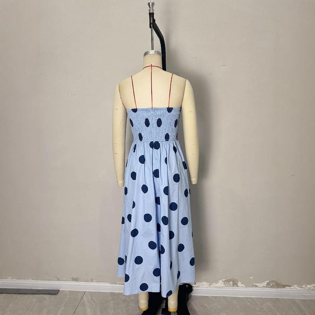 European and American Summer Cross-border Women's Clothing Temperament Polka Dot Sleeveless Slim Dress Vacation Style Long Dress Seaside Vacation