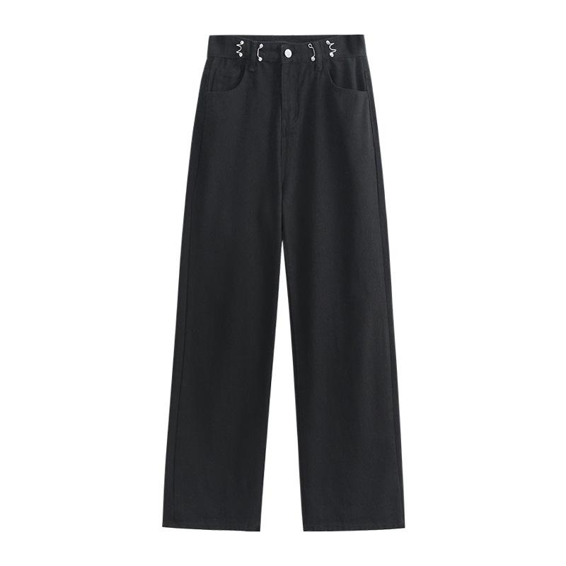 Wide Allmatch Women Leg Fashion Straight Jeans High Waist Adjustable Waist Denim Pants Loose Trousers
