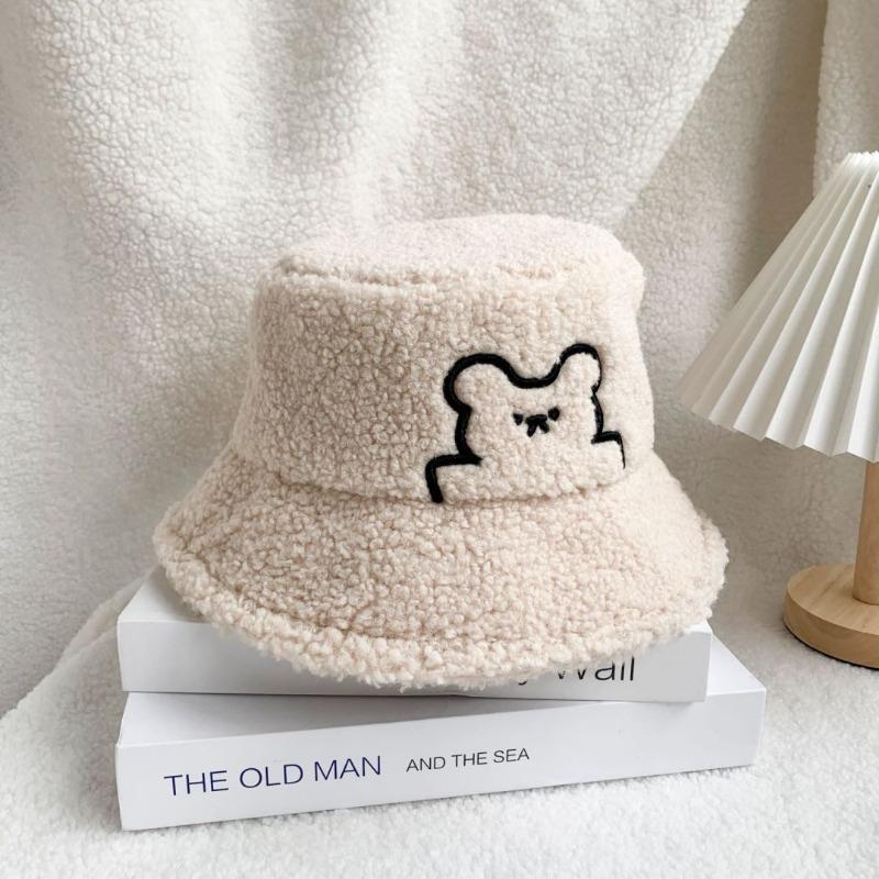 

Little bear lamb wool hat female winter velvet thickened warm bucket hat cute girl big head circumference shows small face M（56-58cm）