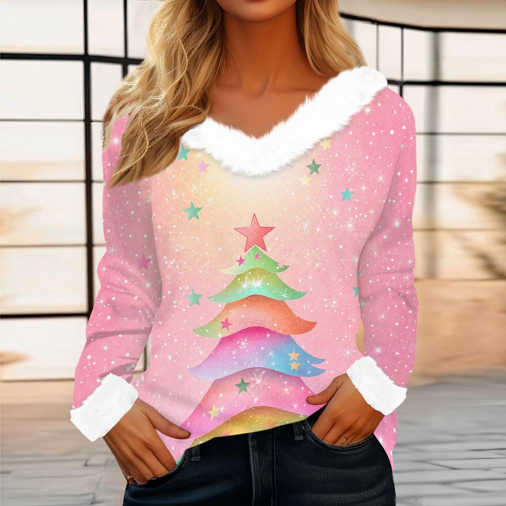 Women's Casual Christmas Print Long Sleeve Top with Plush Collar for Winter