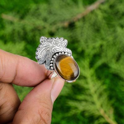 Srebro próby 925 Owalny Naturalny Tygrysie Oko Ręcznie Robiony Pierścionek Córki Statement Bezel Boho