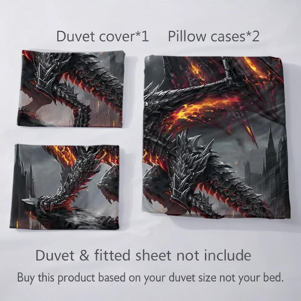 Dark Flame Dragon Quilt Cover Set 3 Piece Bedding Set with 2 Pillowcases, 2D Flat Print Duvet Cover Invisible Zipper