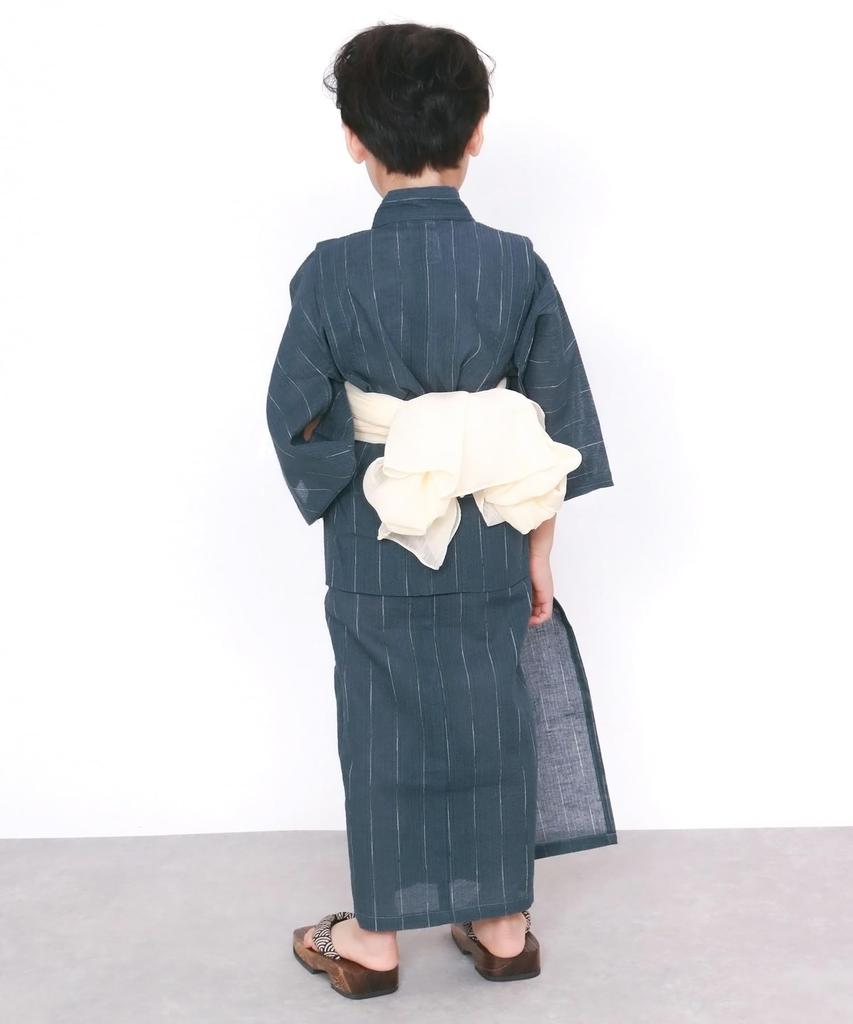 Yukata Shijira Cotton Set Heiko Size Stripe X Heiko Obi [KYOETSU] Set, Fabric, 3-Piece (Yukata, Obi, Geta), Boys' (120cm, (Indigo) (Natural))