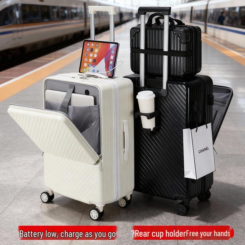 24" Student Suitcase: Stylish, Scratch & Wear-Resistant with Front-Opening, Built-in Cup Holder & Combo Lock