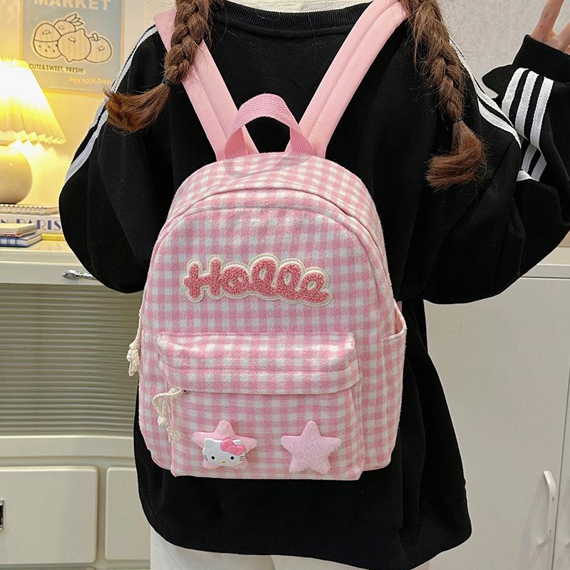 Large Capacity Pink Plaid Japanese Cute KT Girls' School Backpack