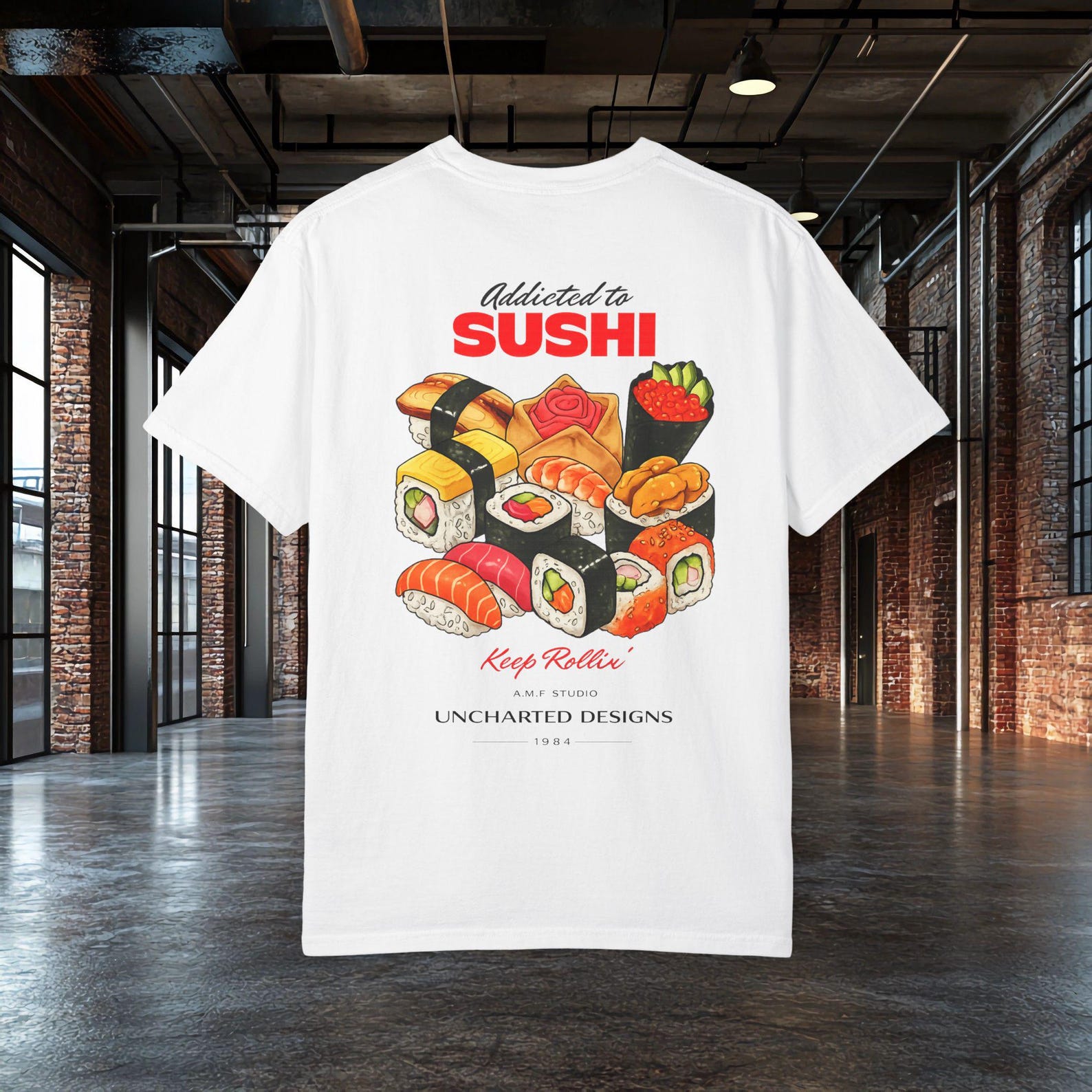 Addicted To Sushi T shirt | Sushi Lover Gift | Sushi Graphic Tee | Foodie Shirt | Japanese Food Top | AMF Studio Uncharted designs L