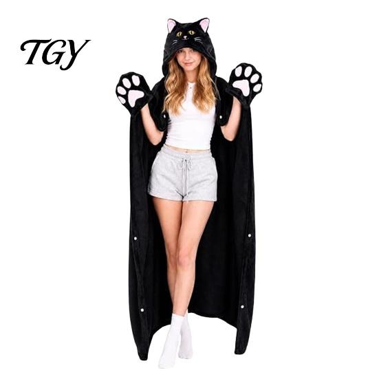 Versatile Pajama Cloak Halloween Wearable Blanket Hoodie, Cozy Hooded Highland Cow Cape, Soft Plush Sloth Black Cat for Women Home Loungewear