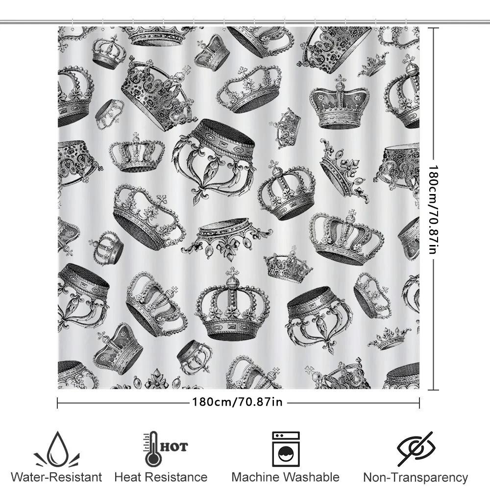 Luxurious Crown Print Shower Curtain Royal Decor For Bathroom White Black Vintage Design Size 180X230Cm (70 X 90) Easy Installat