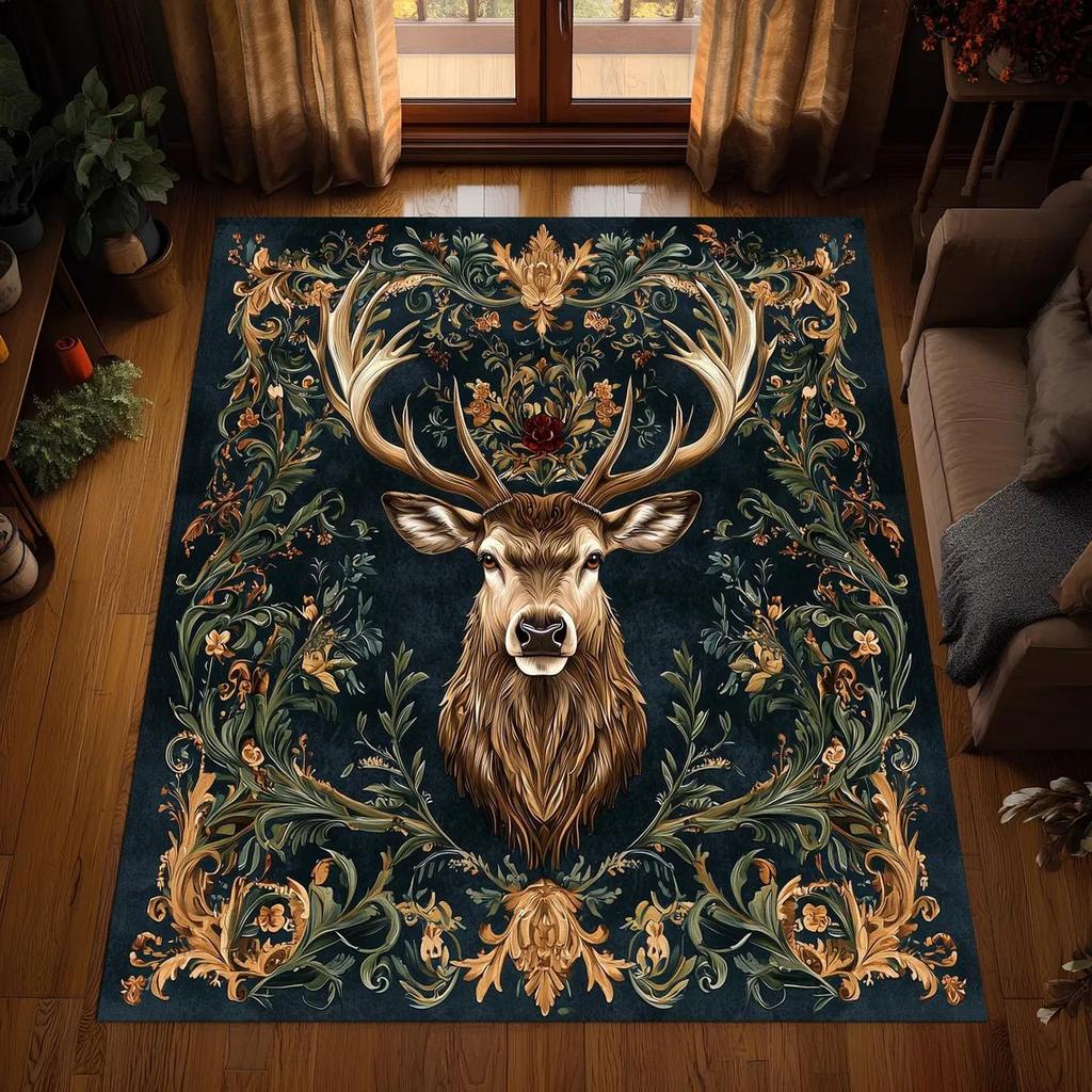 Lion Baroque Rug, Gothic Black Gold Area Carpet, Regal Animal Floor Decor, Washable Non Slip Bold Statement Rug