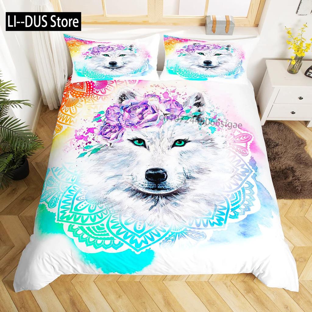 Galaxy Wolf Duvet Cover Set Full Size Bedding Set for Boys Girls Wolf Head Printed Duvet Cove Set 1 Quilt Cover 2 Pillowcases
