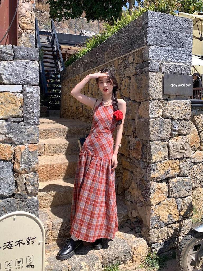 Women's Red Plaid Halter A-Line Summer Beach Dress - Backless, Tie-Up