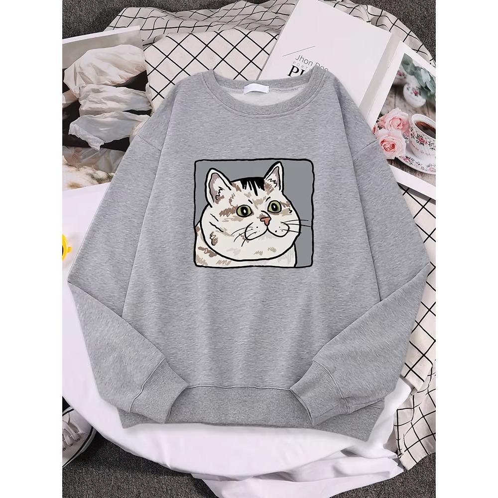 Cat Diagram Print Pullovers Autumn Basics Sweatshirt Loose Street Women Clothing Fashion Oversize Long Sleeved Crew Neck Pullover