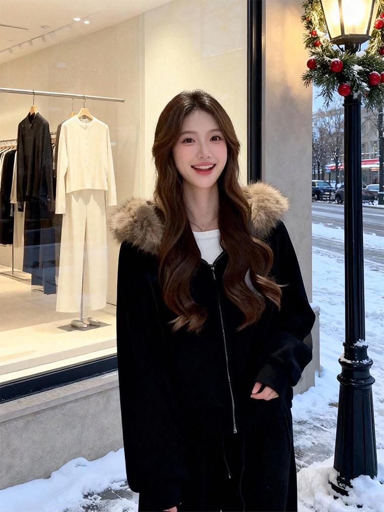 2026 Autumn Winter Women's Elegant Casual Velvet Hoodie and Pants Set